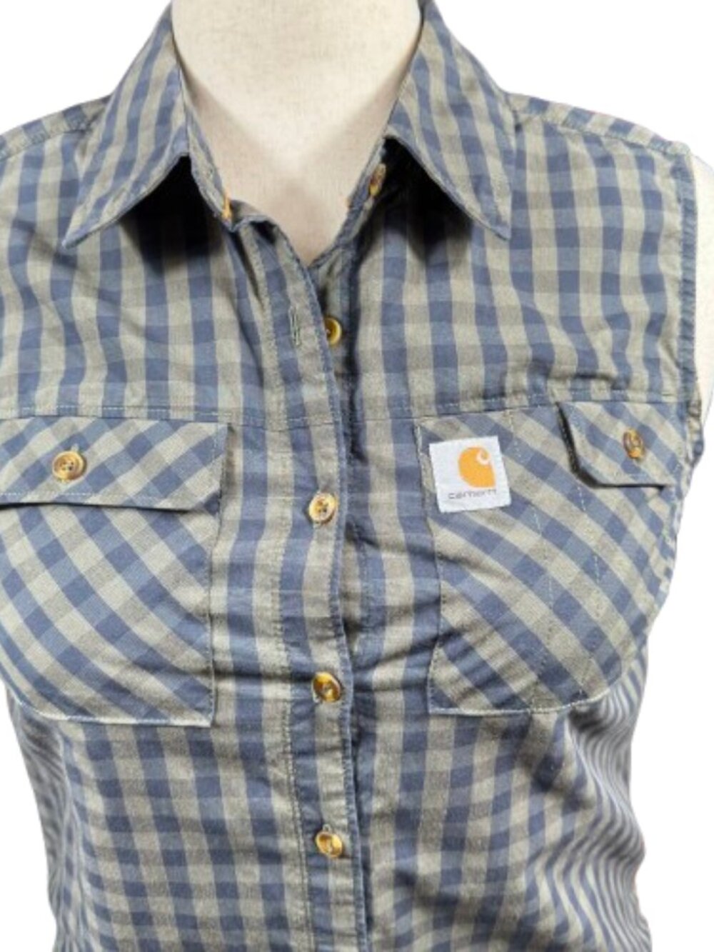 Carhartt Force Green Blue Plaid Gorpcore Granola Button Up Workwear Top (SZ M) - Picture 2 of 11